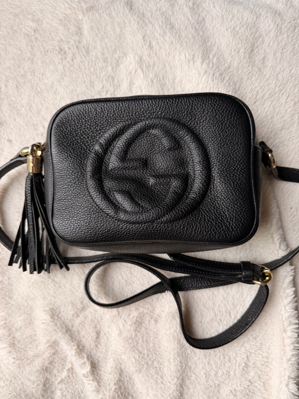 Gucci Black Pebbled Leather Disco Crossbody with Tassel